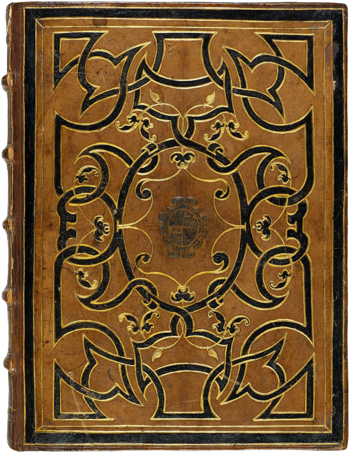Decorative book cover with intricate black patterns on a brown background