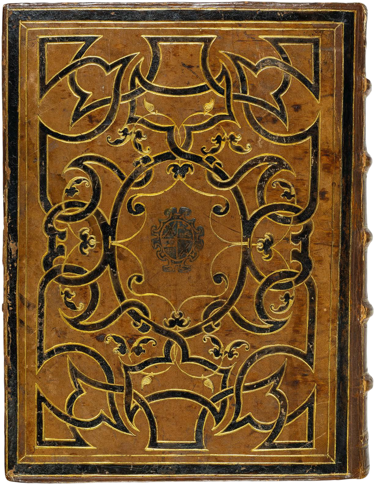 Decorative leather-bound book with intricate black patterns on a brown background