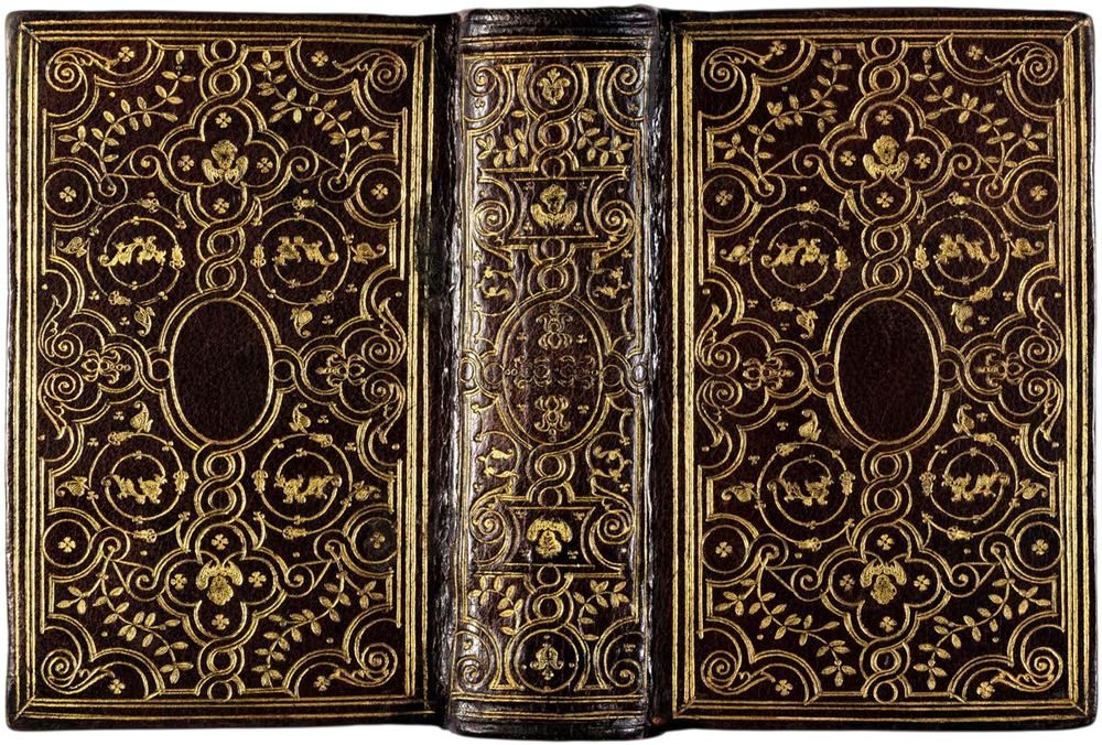 Decorative book with gold embossed patterns on a black background