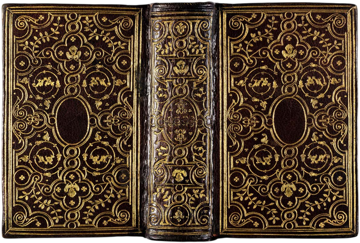 Decorative book with gold embossed patterns on a black background