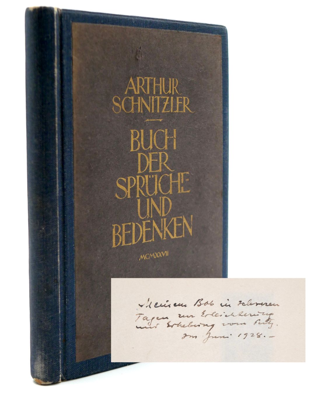 Vintage book titled 'Buch der Sprüche und Bedenken' by Arthur Schnitzler with a signature card on a white background