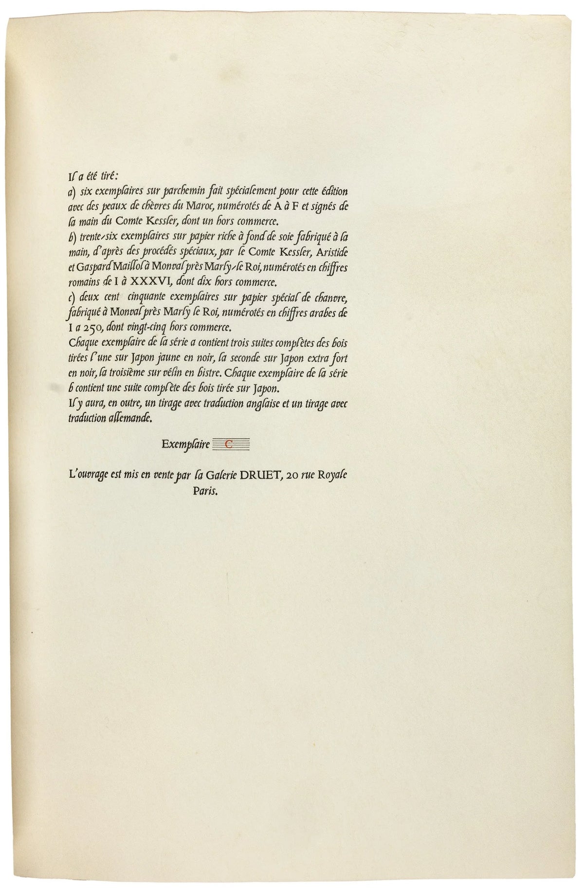 Les Églogues de Virgile, Cranach-Presse 1926, vellum copy C — colophon leaf, copy lettered C in red ink
