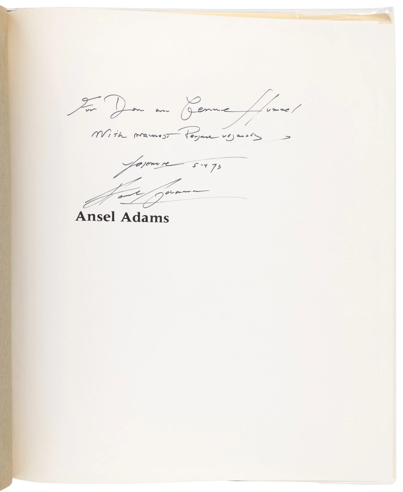 Autographed page from a book with Ansel Adams' signature