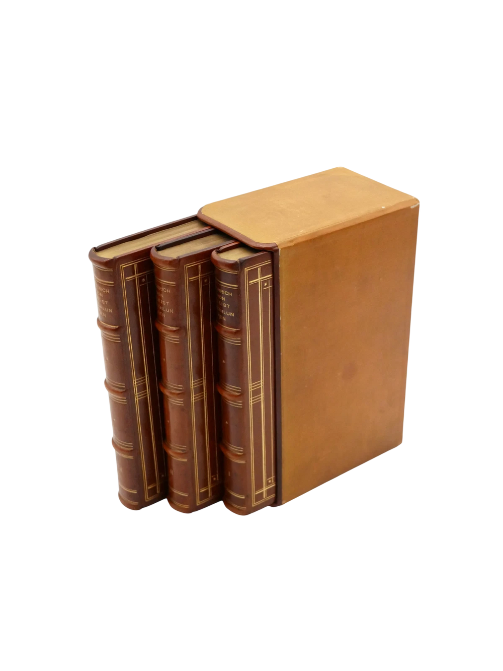 Set of three leather-bound books with a matching cover on a white background
