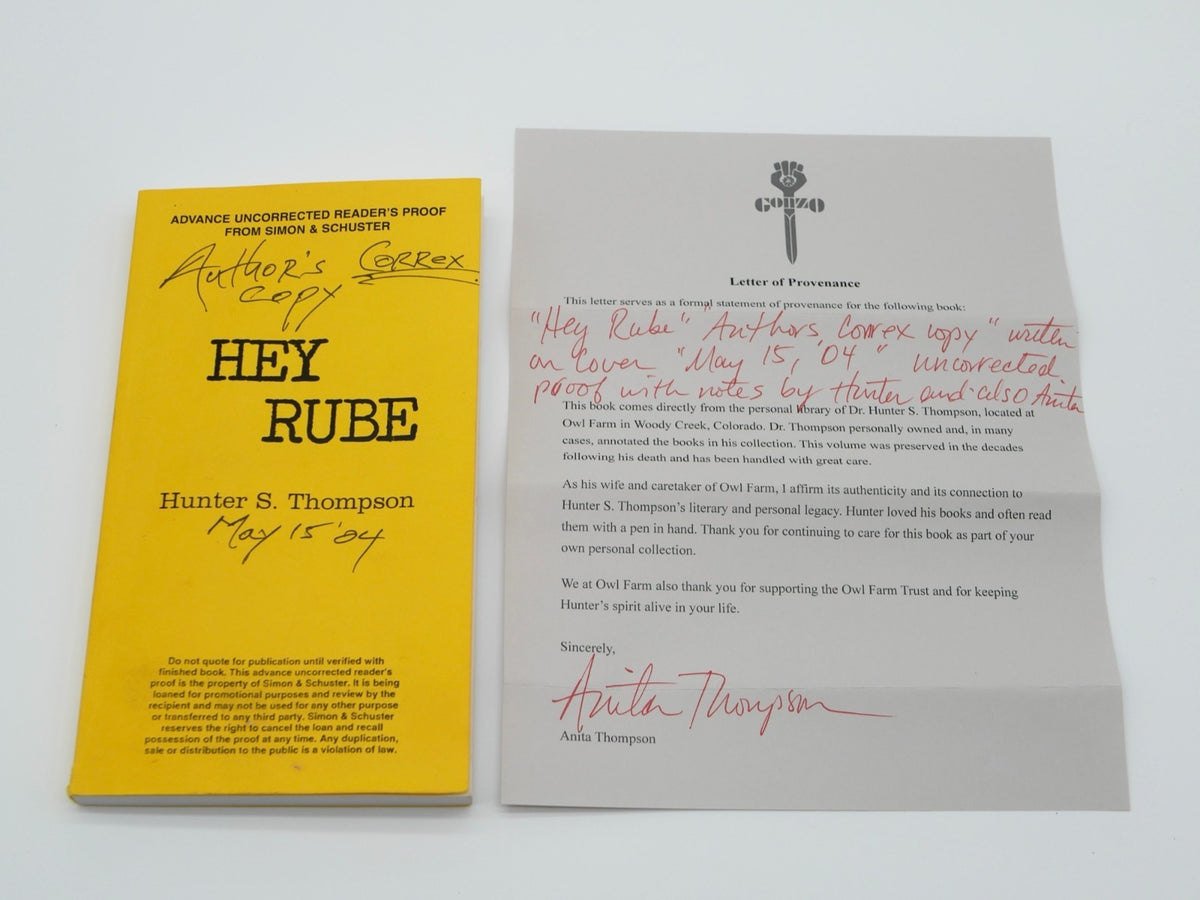 Hey Rube advance proof with Anita Thompson’s signed letter of provenance