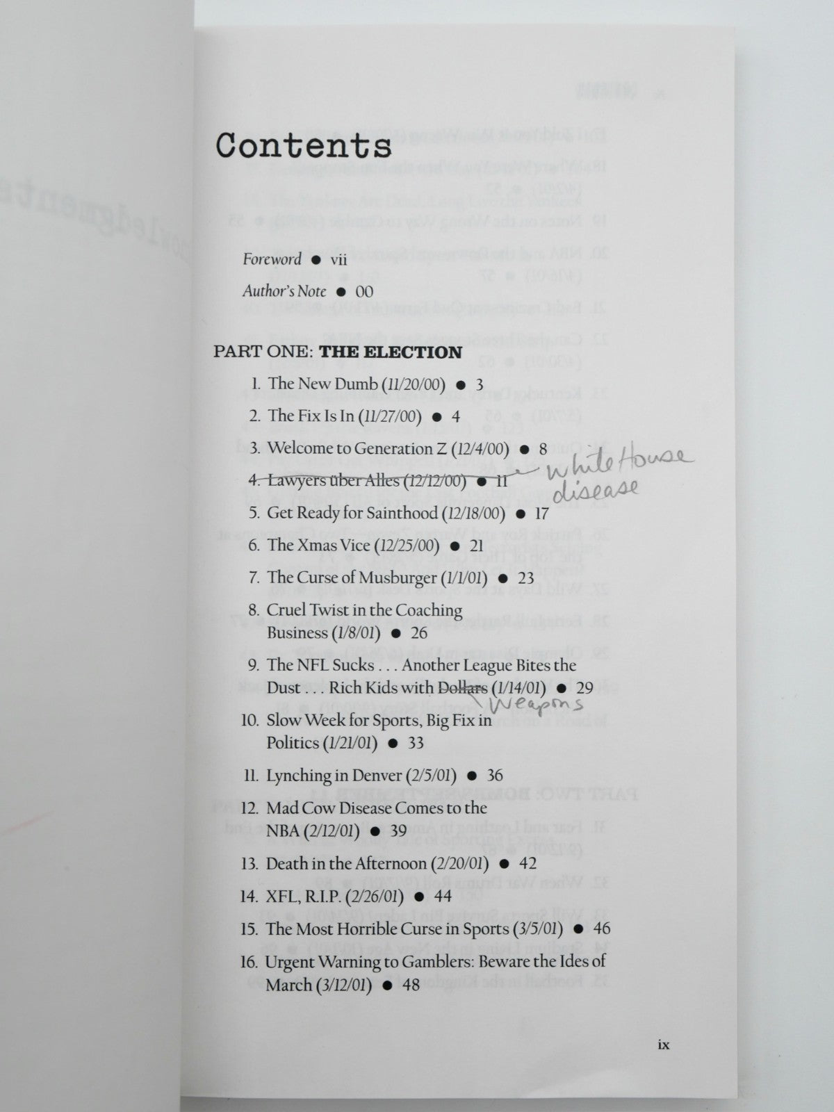 Contents p. ix with pencil revisions White House disease and Weapons