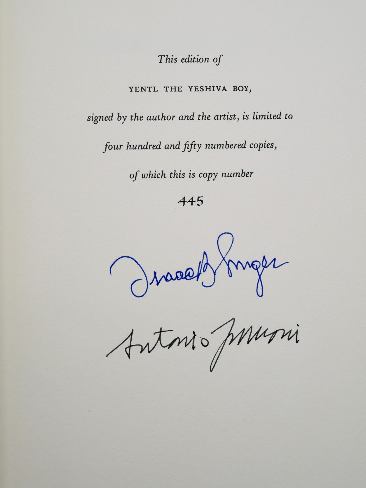 Isaac Bashevis Singer, Yentl the Yeshiva Boy, 1983 — Limited Signed Illustrated Edition