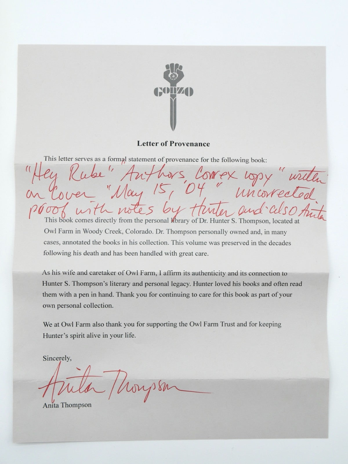 Anita Thompson’s signed Letter of Provenance on Gonzo letterhead