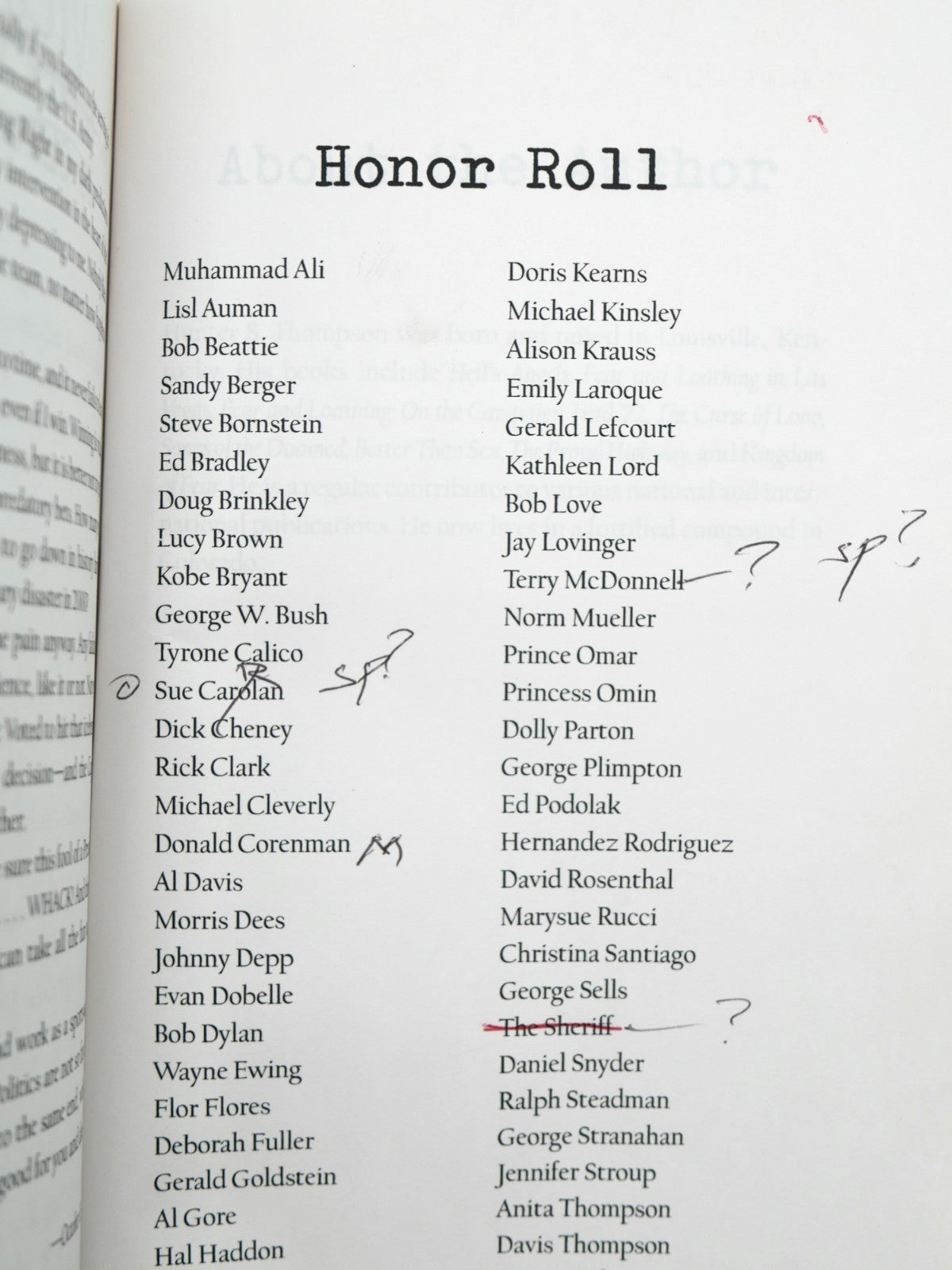 Honor Roll p. 239 with ink queries and The Sheriff struck in red