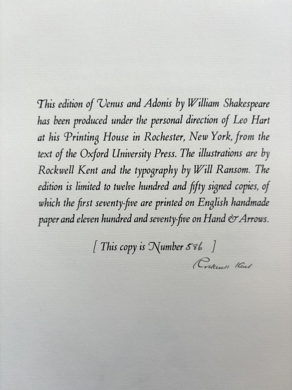 Shakespeare, Venus and Adonis — Rockwell Kent, 1931 — Signed Limited Edition