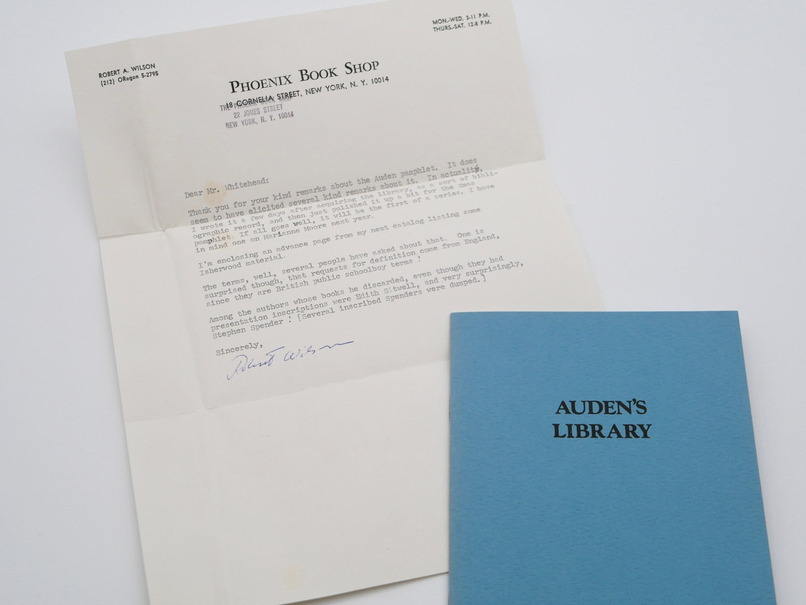 Auden's Library, 1975 — Robert A. Wilson, with Signed Letter to Auden (Critic Whitehead)