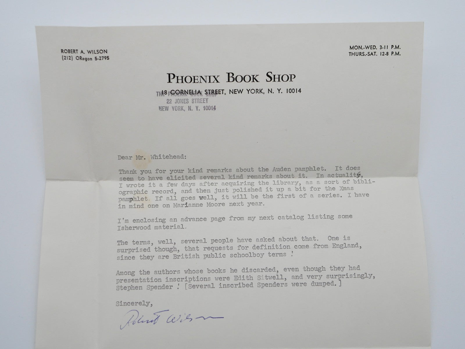 Auden's Library, 1975 — Robert A. Wilson, with Signed Letter to Auden (Critic Whitehead)