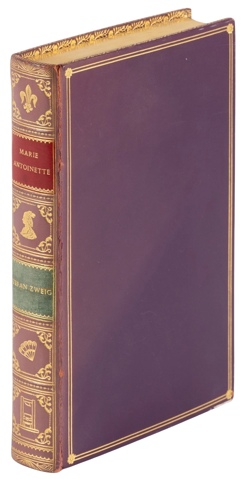 Purple book with gold and green decorative elements on a white background