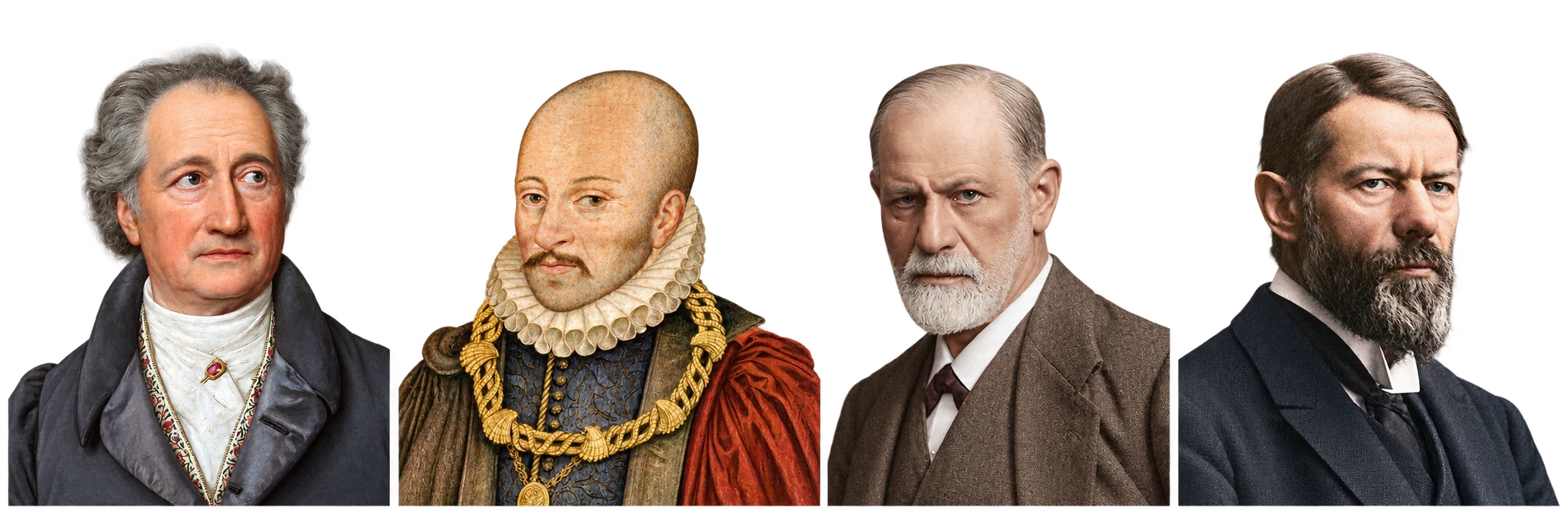 Color portrait collage of Goethe, Montaigne, Freud and Max Weber